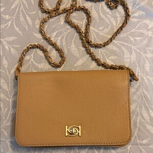 bebe Tan Pebbled Leather Crossbody with Gold Chain